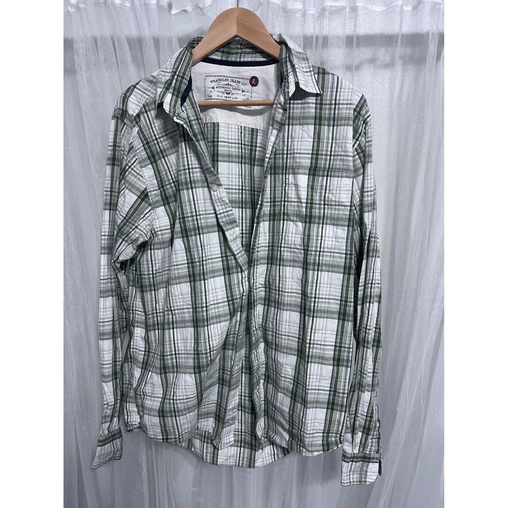 Wrangler Jeans‎ Co Mens Long Sleeve Plaid Button Up Shirt Green White Size L